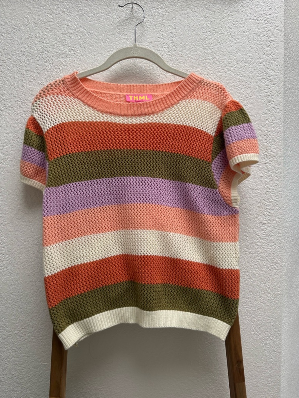 THML Peach Multi-Stripe Short-Sleeve Crew Sweater